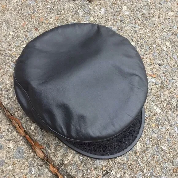 Vintage New York Winner Black Leather Newsboy Fisherman Moto Captain Hat - Picture 7 of 11